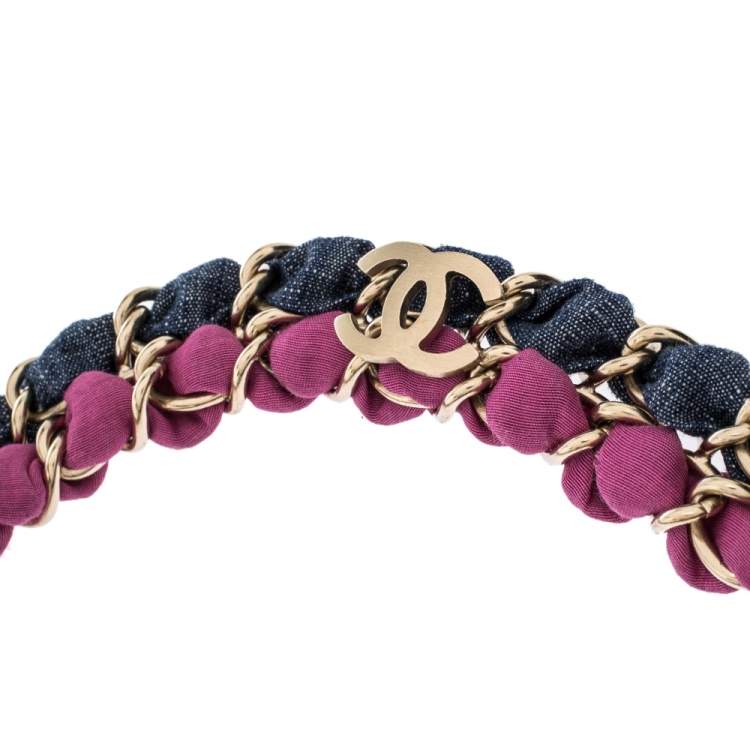 Pre Owned Chanel Multicolor Fabric Gold Tone Chain Embellished Headband