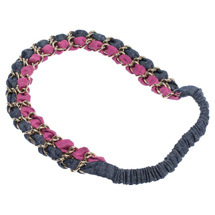 Pre Owned Chanel Multicolor Fabric Gold Tone Chain Embellished Headband