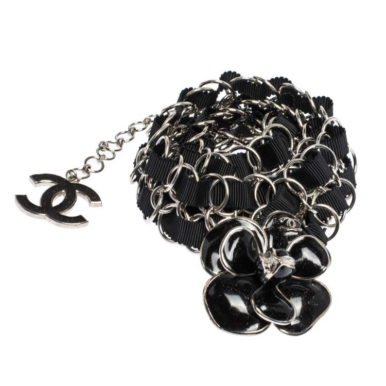 Chanel Camellia Black Enamel Grosgrain Silver Tone Chain Link Belt Chanel |  TLC