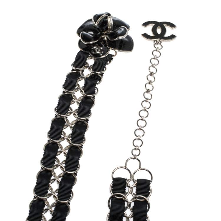 Pre Owned Chanel Camellia Black Enamel Grosgrain Silver Tone Chain Link Belt
