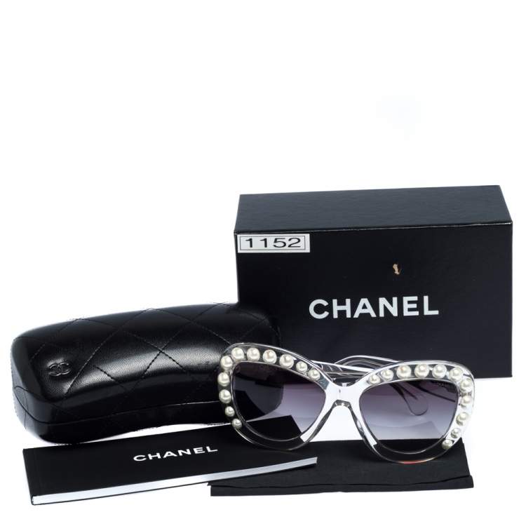 Pre Owned Chanel Clear/Black Gradient 71096 Pearl Cateye Sunglasses  