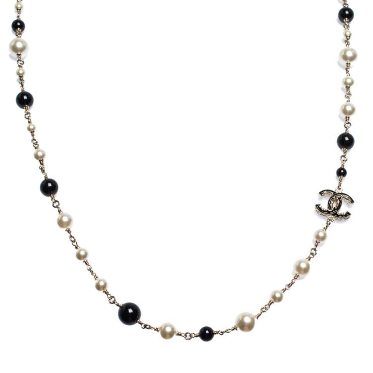CHANEL Pearl Bead Enamel CC Baroque Long Necklace Black Gold