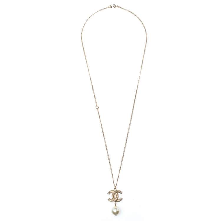 Chanel Gold Tone Chain & Faux Pearl CC Drop Necklace Chanel