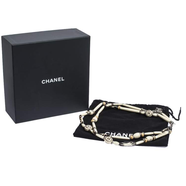 Pre Owned Chanel CC Beaded Wood Silver Tone Multi Purpose Necklace Waist Belt 