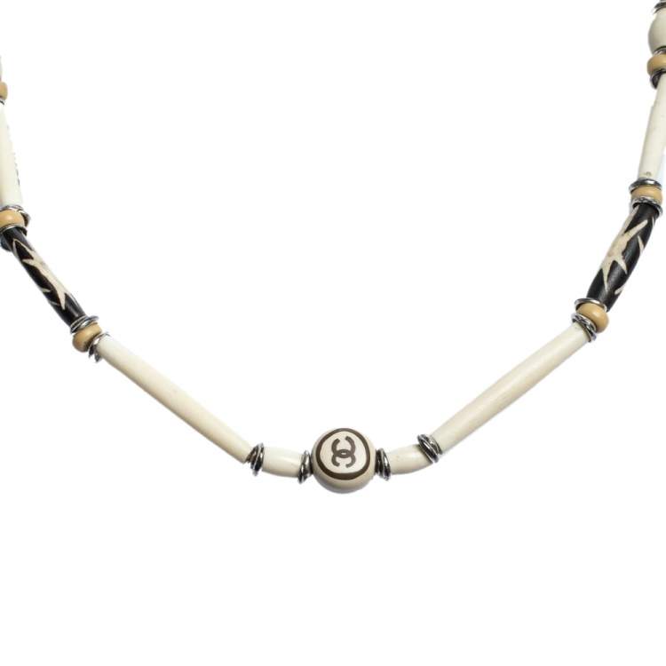 Pre Owned Chanel CC Beaded Wood Silver Tone Multi Purpose Necklace Waist Belt 