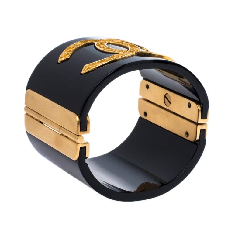 Chanel CC Black Resin Gold Tone Wide Cuff Bracelet 17.5 cm Chanel