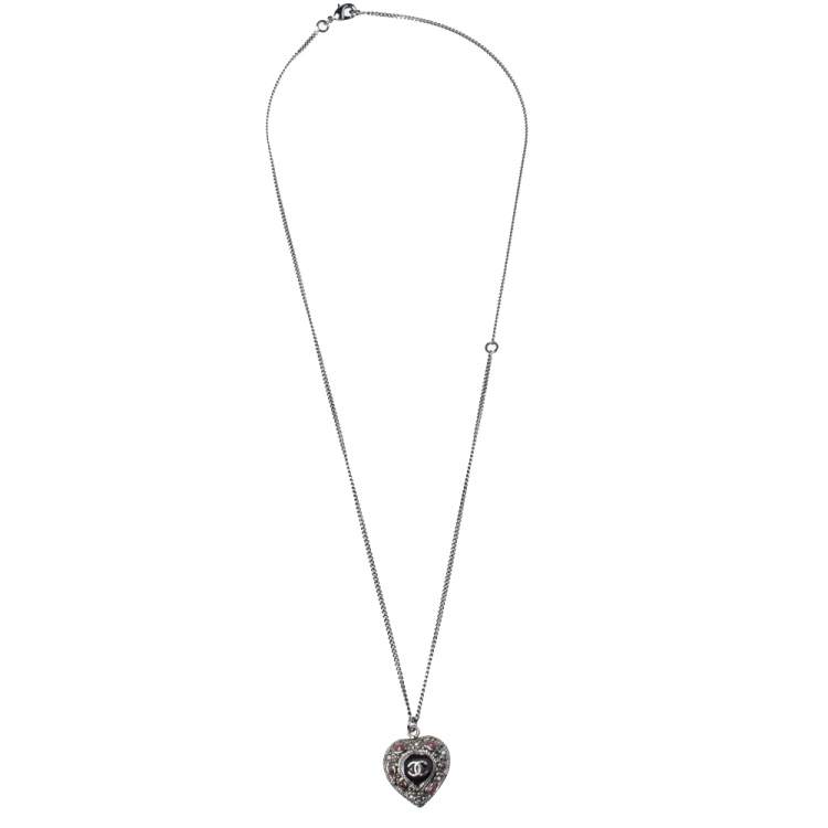 Chanel Gunmetal Tone CC Enamel Heart Pendant Necklace Chanel