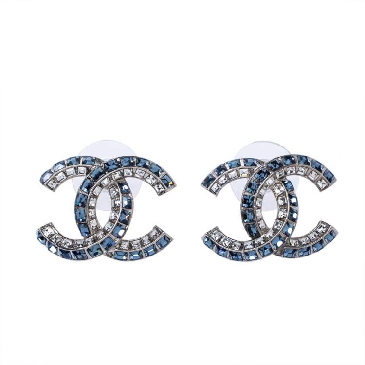 Chanel Round Black Leather Crystal Logo Pierced Earrings 22A