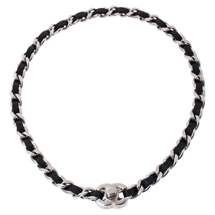 Chanel CC Black Leather Woven Chain Silver Tone Turn Lock Necklace