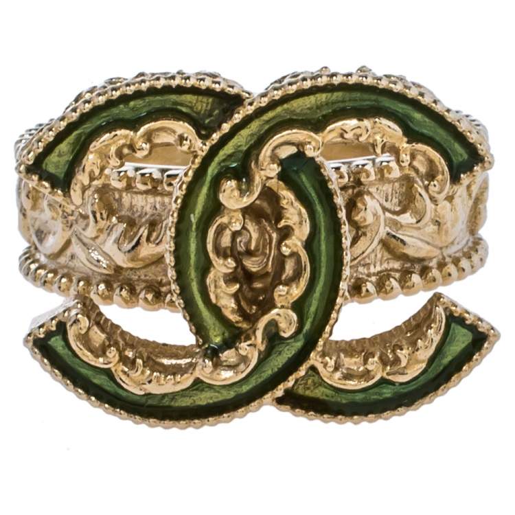 Chanel CC Green Enamel Gold Tone Ring Size 52 Chanel
