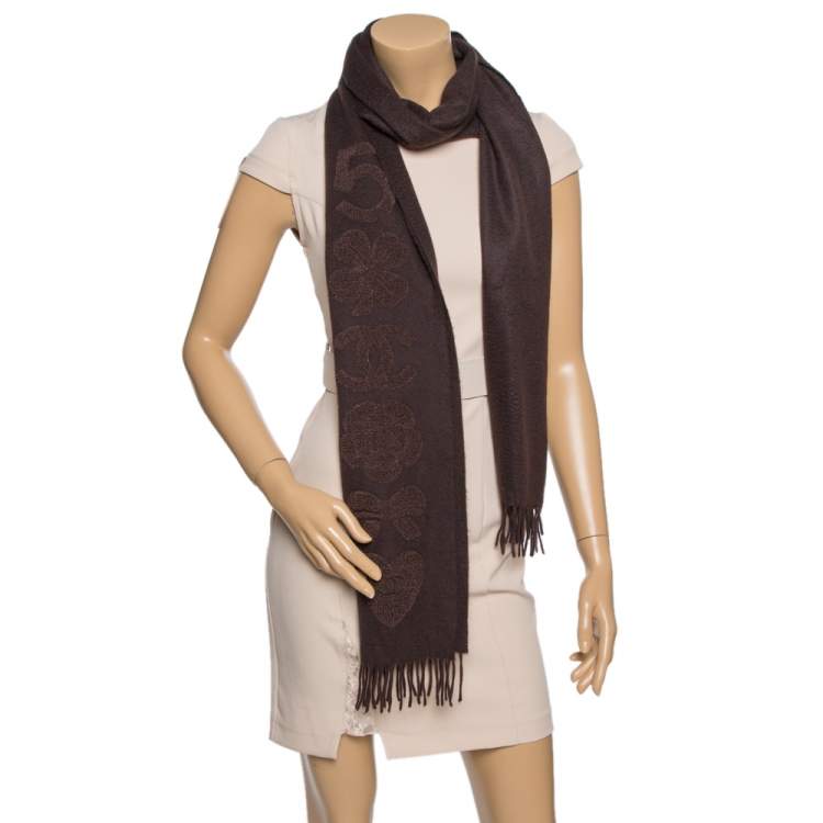 Pre Owned Chanel Brown Cashmere Multi Icon Embroidered Stole
