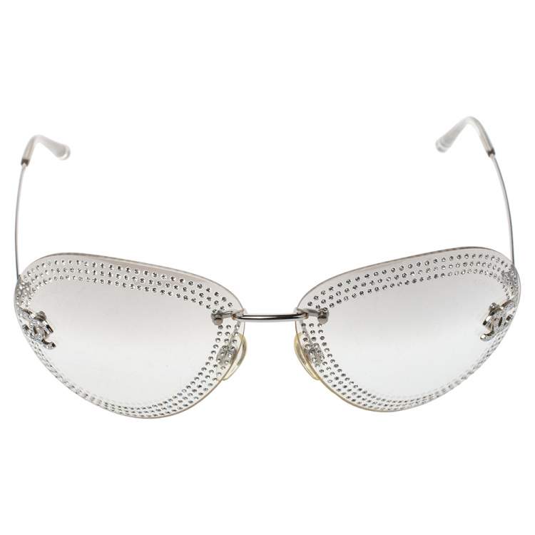 Chanel Silver/Clear 4049B Crystal Embellished Aviator Sunglasses Chanel
