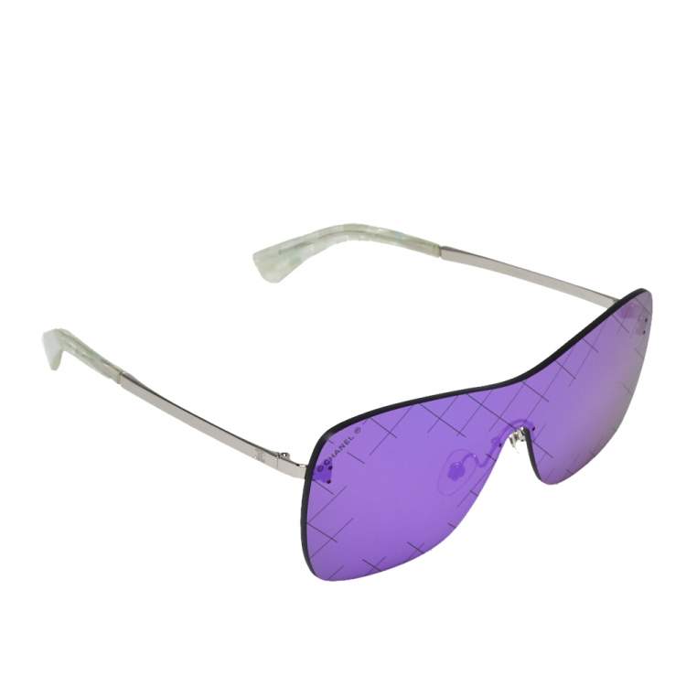 Chanel Silver Tone/ Purple Crosshatch Mirrored 4215 Runway Shield