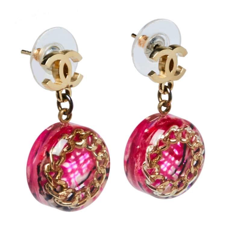 Chanel Pink Tweed Inlay Round CC Drop Earrings Chanel