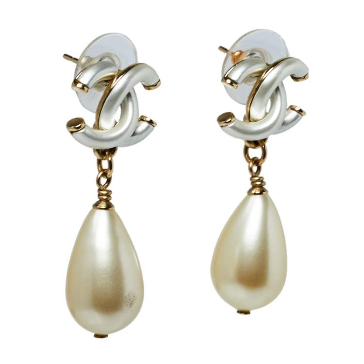 Chanel Gold Tone CC Pearl Teardrop Earrings Chanel