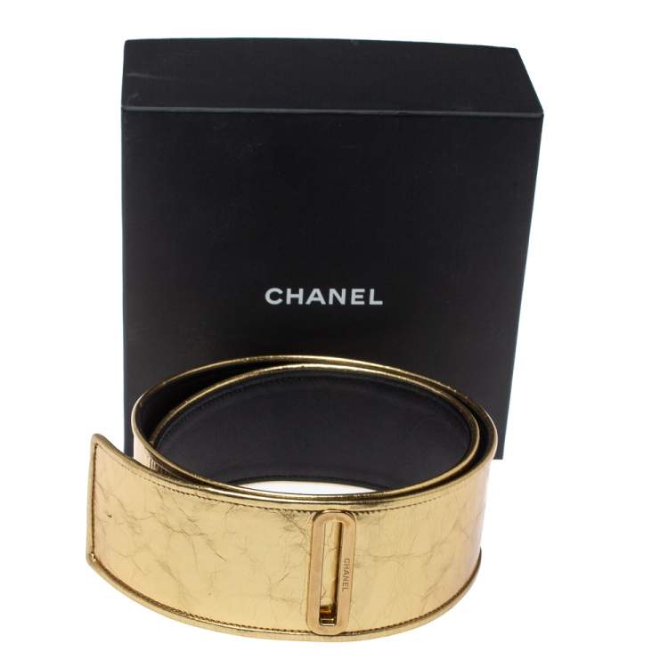 Pre Owned Chanel Metallic Gold Distressed Leather Waist Belt 85CM