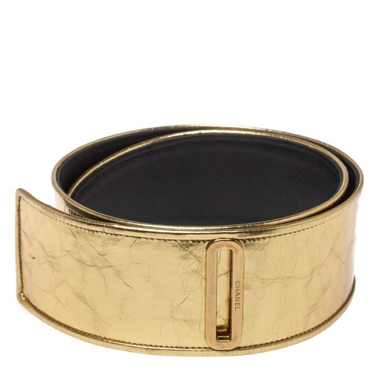 Pre Owned Chanel Metallic Gold Distressed Leather Waist Belt 85CM