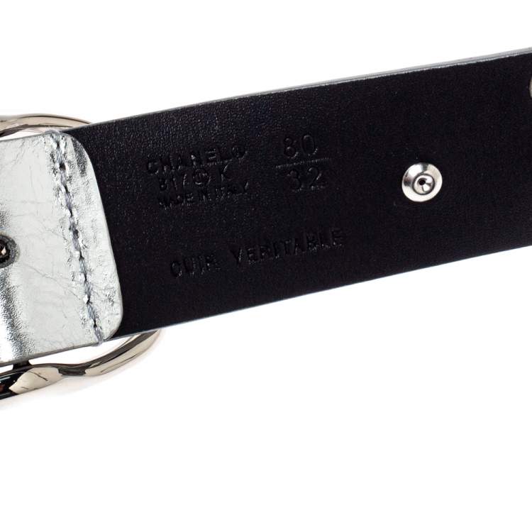 Pre Owned Chanel Metallic Silver Leather Grommet and Crystal Embellished Belt 80 CM