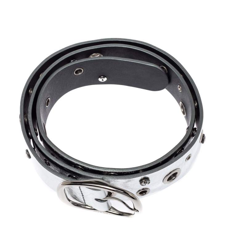 Pre Owned Chanel Metallic Silver Leather Grommet and Crystal Embellished Belt 80 CM