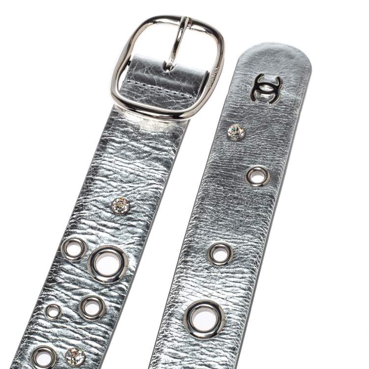 Pre Owned Chanel Metallic Silver Leather Grommet and Crystal Embellished Belt 80 CM