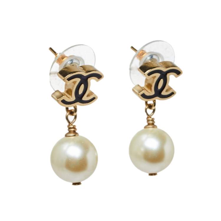 Chanel CC Faux Pearl Gold Tone Drop Earrings Chanel