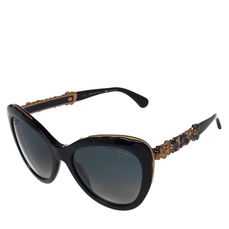 Pre Owned Chanel Navy & Gold Tone/ Blue Gradient 5354 Blooming Bijou Polarized Cateye Sunglasses