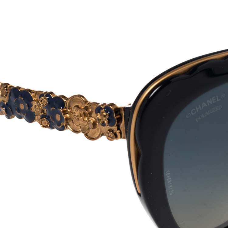 Pre Owned Chanel Navy & Gold Tone/ Blue Gradient 5354 Blooming Bijou Polarized Cateye Sunglasses