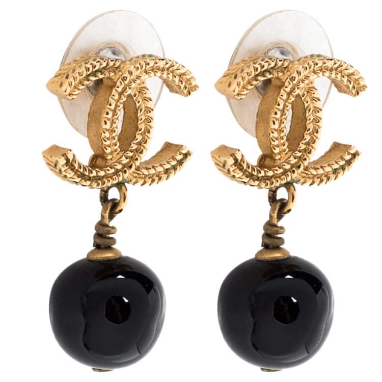 Chanel Gold Tone CC Black Glass Pearl Drop Earrings Chanel
