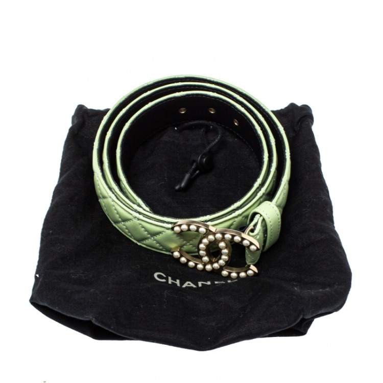 Pre Owned Chanel Mint Green Quilted Leather CC Pearl Belt 85CM