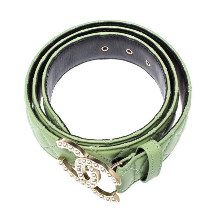 Pre Owned Chanel Mint Green Quilted Leather CC Pearl Belt 85CM