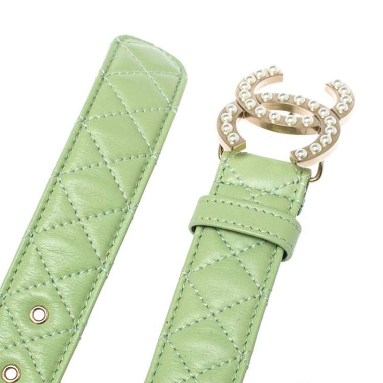 Pre Owned Chanel Mint Green Quilted Leather CC Pearl Belt 85CM
