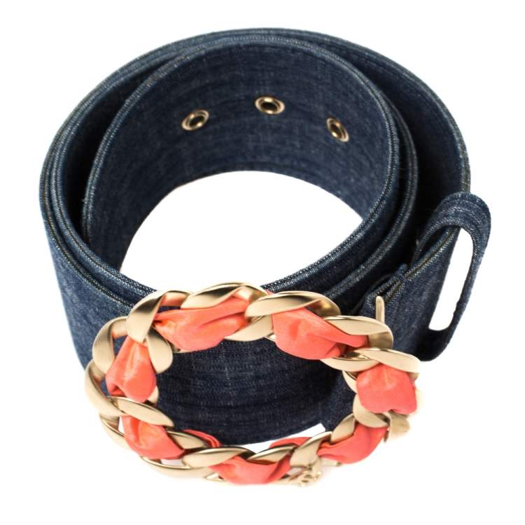 Pre Owned Chanel Blue Denim Chain Buckle Waist Belt 85 CM