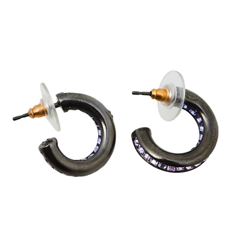 Pre Owned Chanel Black Tone Metal Purple Crystal Baguette CC Hoop Earrings