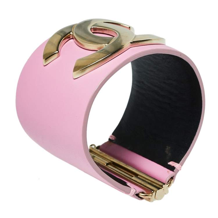 Chanel Pink Leather CC Gold Tone Wide Cuff Bracelet M Chanel