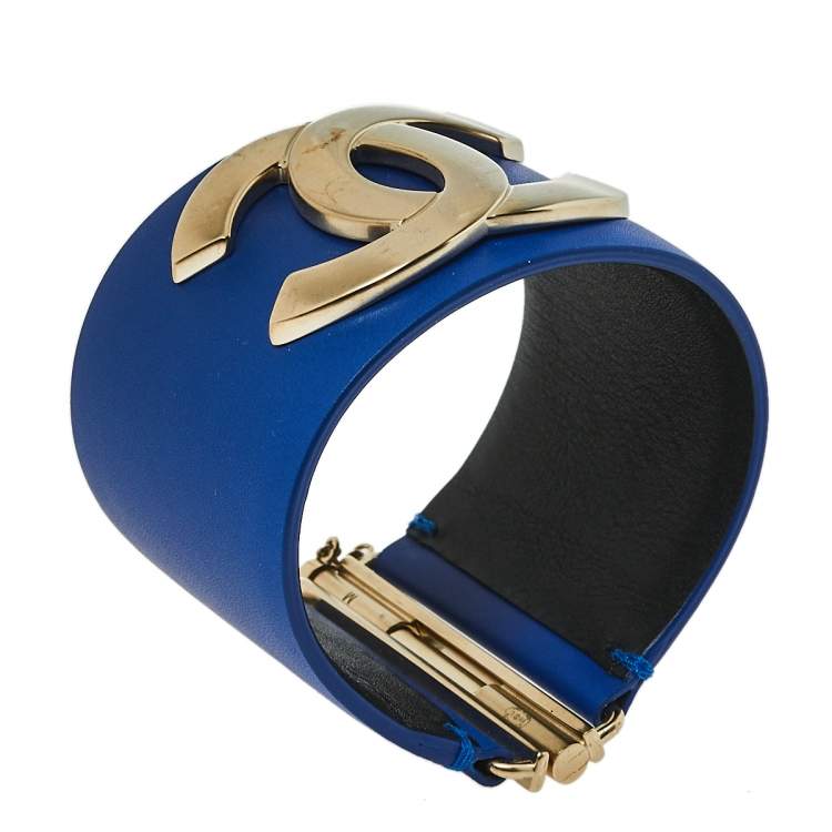 Chanel Blue Leather CC Gold Tone Wide Cuff Bracelet M Chanel