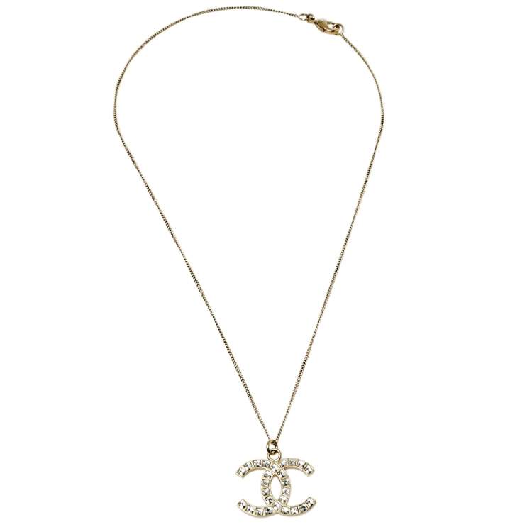 Chanel Pale Gold Tone Crystal CC Pendant Necklace Chanel