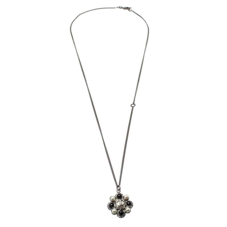 Pre Owned Chanel Dark Silver Tone Faux Pearl CC Pendant Necklace