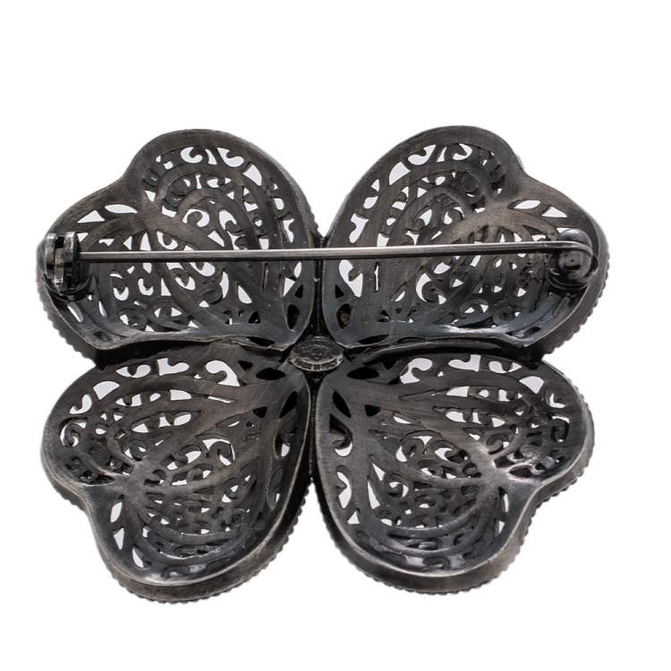 Pre Owned Chanel Gunmetal Tone Filigree Floral Pin Brooch