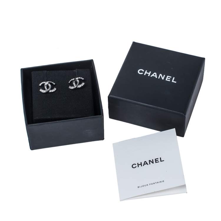 Pre Owned Chanel Gunmetal Tone Twisted CC Crystal Stud Earrings