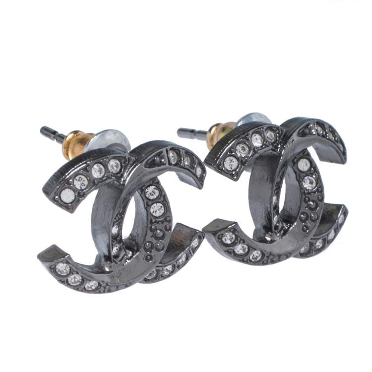 Chanel Gunmetal Tone Twisted CC Crystal Stud Earrings Chanel
