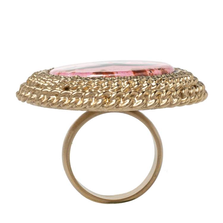 Pre Owned Chanel Pink Enamel CC Round Coctail Ring Size 54.5