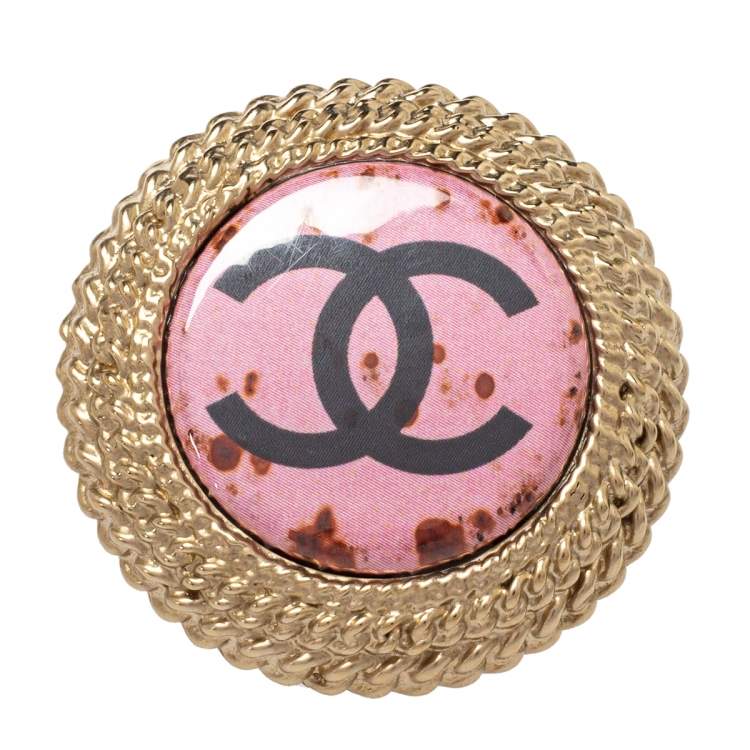 Pre Owned Chanel Pink Enamel CC Round Coctail Ring Size 54.5