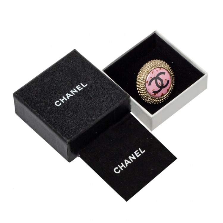 Pre Owned Chanel Pink Enamel CC Round Coctail Ring Size 54.5