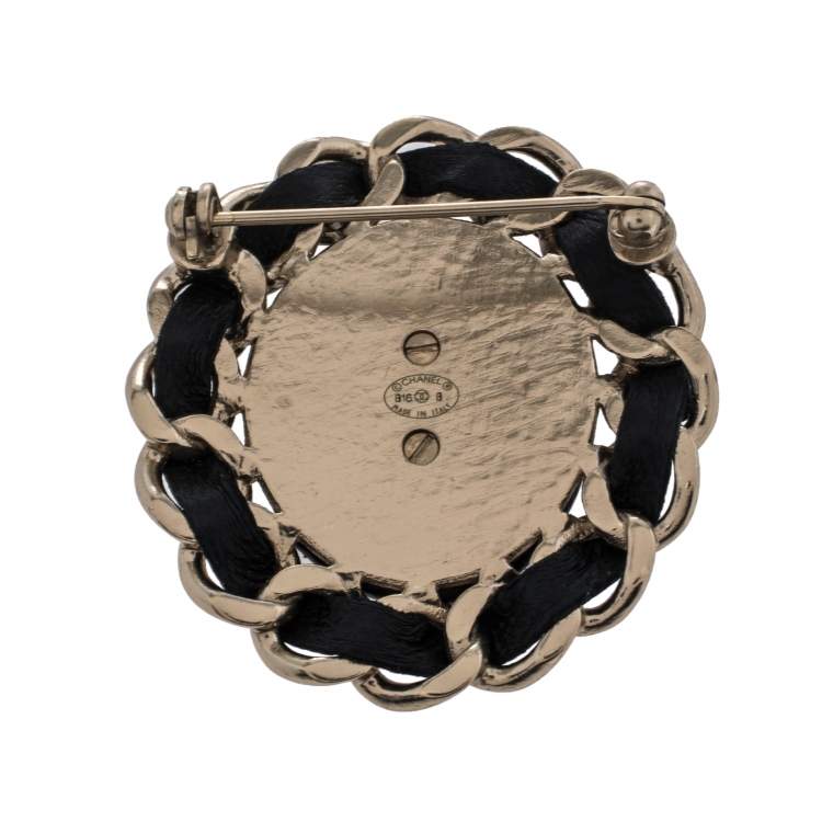 Pre Owned Chanel Black Leather Chainlink CC Pin Brooch