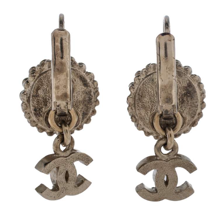 Pre Owned Chanel Aged Gold Tone Crystal CC Drop Pierced Hook Earrings