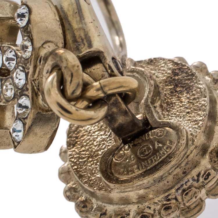 Pre Owned Chanel Aged Gold Tone Crystal CC Drop Pierced Hook Earrings