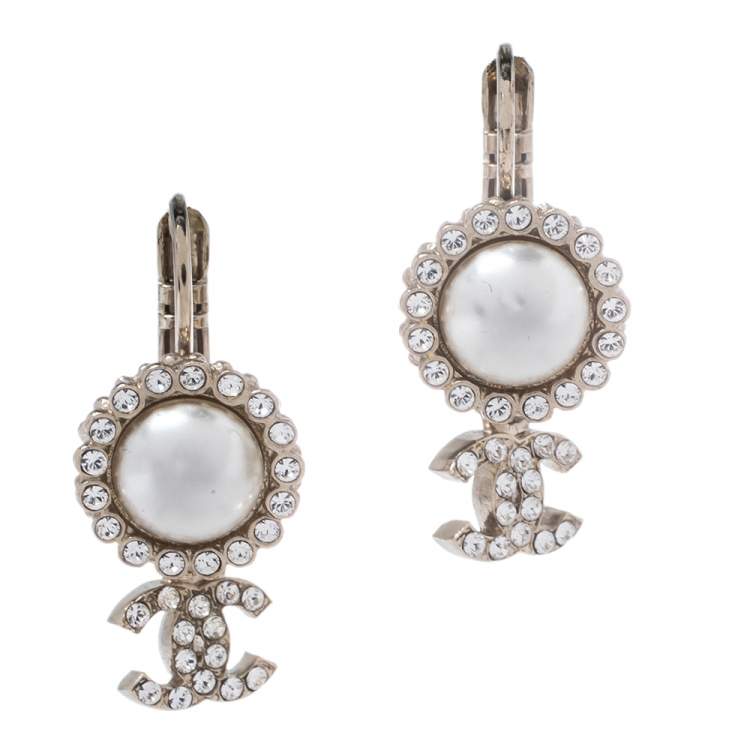 Pre Owned Chanel Aged Gold Tone Crystal CC Drop Pierced Hook Earrings
