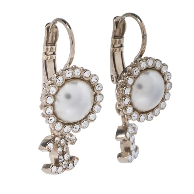 Pre Owned Chanel Aged Gold Tone Crystal CC Drop Pierced Hook Earrings