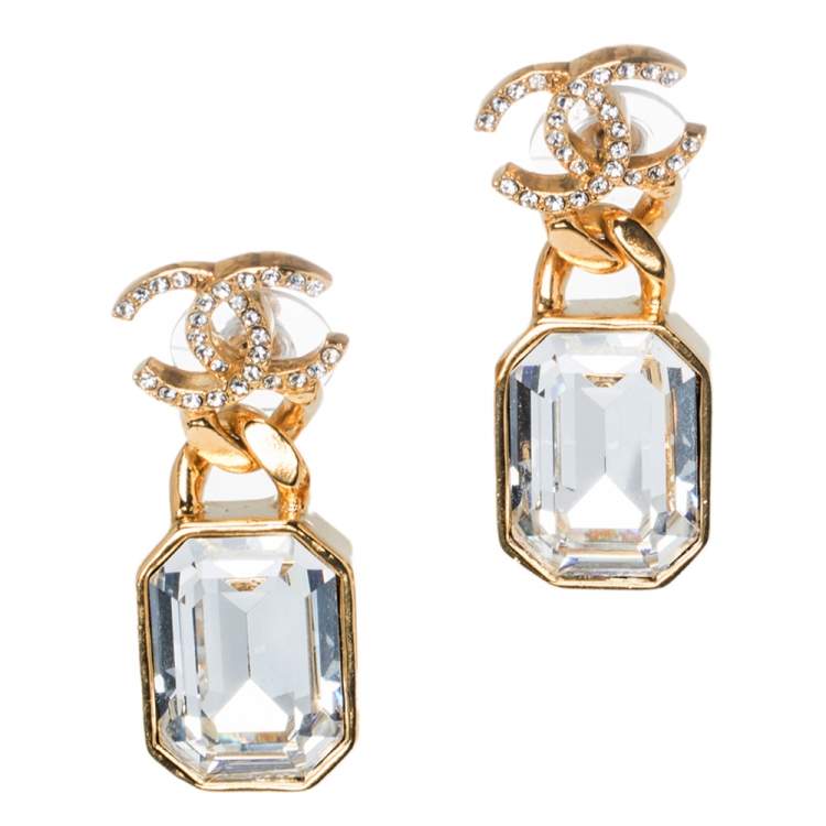 Pre Owned Chanel Gold Tone CC Quartz Crystal Drop Earrings