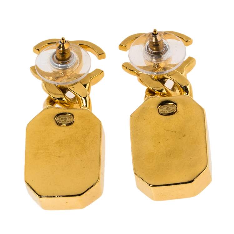 Pre Owned Chanel Gold Tone CC Quartz Crystal Drop Earrings